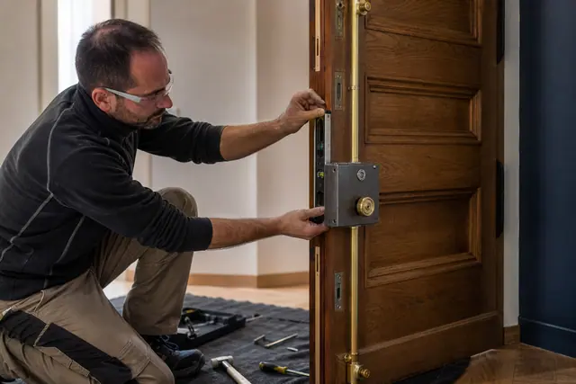 Bricoleur réglant une serrure multipoints en applique sur une porte en bois.
