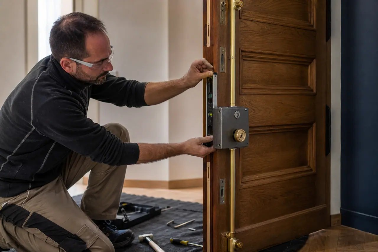 Bricoleur réglant une serrure multipoints en applique sur une porte en bois.