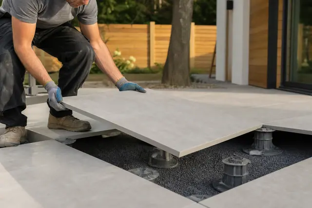 Dalles de terrasse posées sur plots réglables gris avec espace visible en dessous
