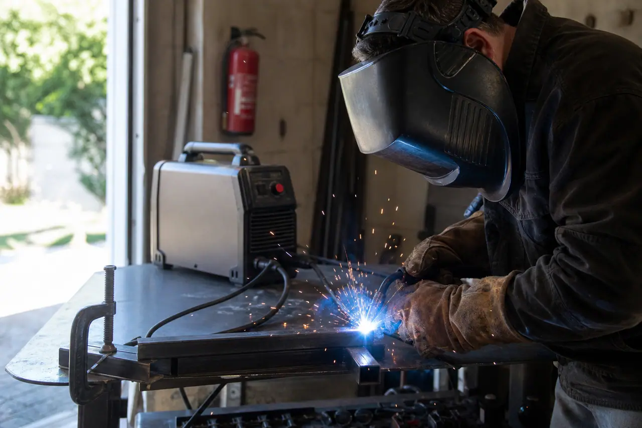 Bricoleur protégé soudant deux profilés d’acier avec un poste à fil fourré.