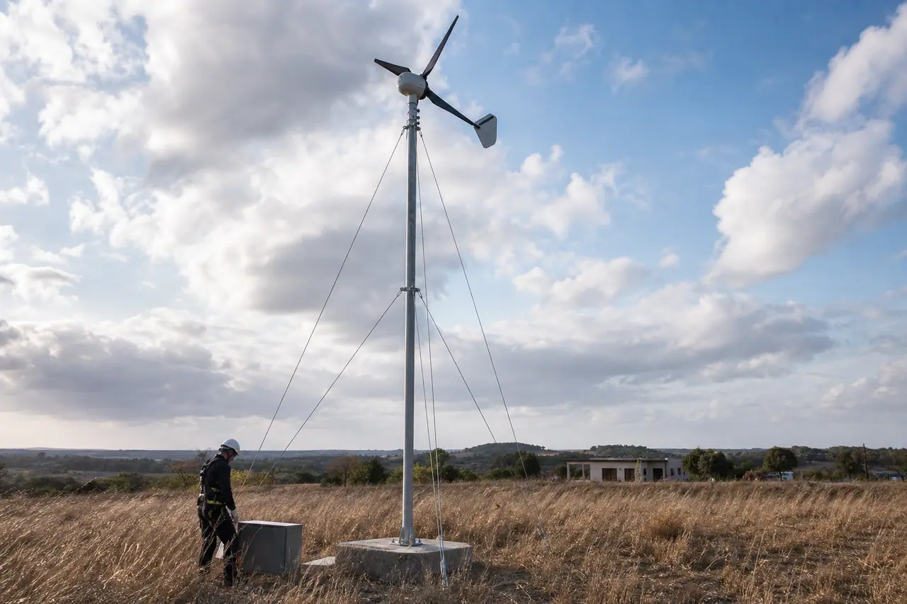 Petite éolienne sur mât dans un terrain rural dégagé près d’une maison.