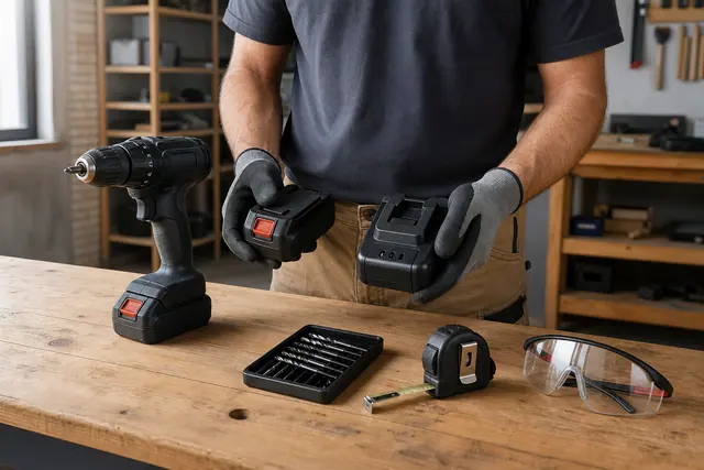 Perceuse sans fil, batterie et accessoires comparés sur un établi d’atelier.