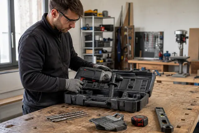 Bricoleur contrôlant un perforateur emprunté dans un atelier partagé bien équipé.