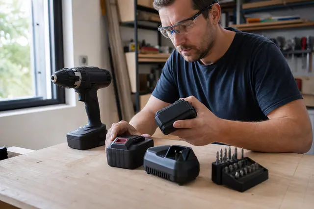 Bricoleur comparant une perceuse sans fil, deux batteries et un chargeur sur établi.