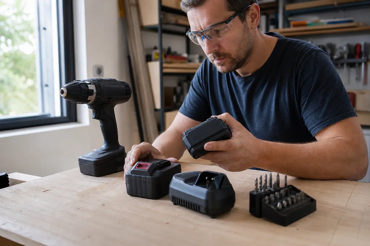 Bricoleur comparant une perceuse sans fil, deux batteries et un chargeur sur établi.