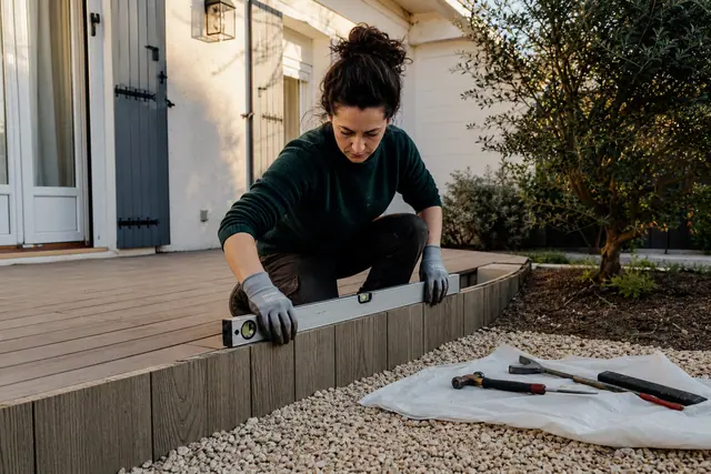 Particulier aménageant une terrasse végétalisée devant sa maison rénovée.