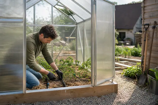 Jardinier réglant un goutte-à-goutte dans une serre en polycarbonate bien ventilée.