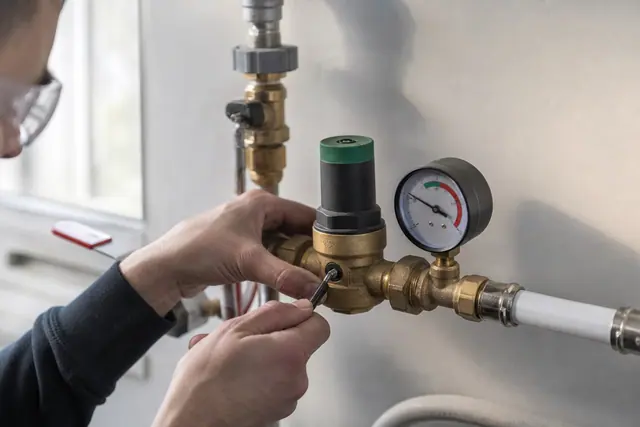 Réducteur de pression en laiton réglé sur une arrivée d’eau domestique.