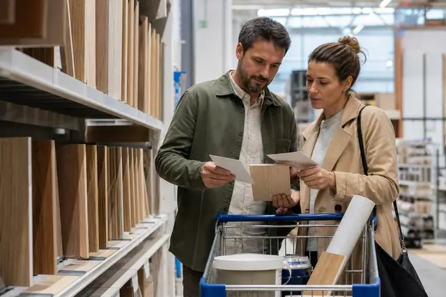 Clients comparant des matériaux de rénovation dans un magasin de bricolage.