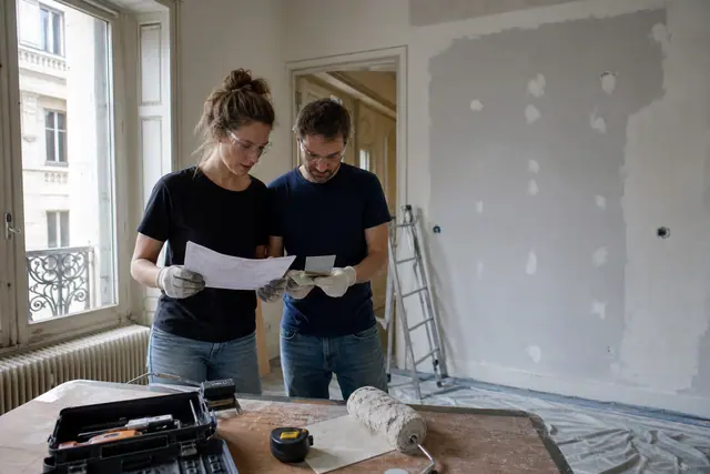 Couple planifiant des travaux légers dans un appartement en rénovation.