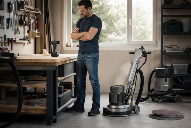 Bricoleur comparant une perceuse sans fil et une ponceuse à parquet dans un atelier.
