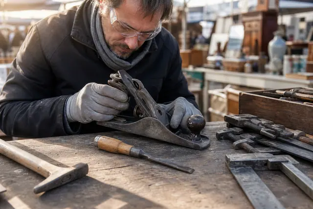 Acheteur examinant un rabot métallique et un ciseau à bois en brocante.