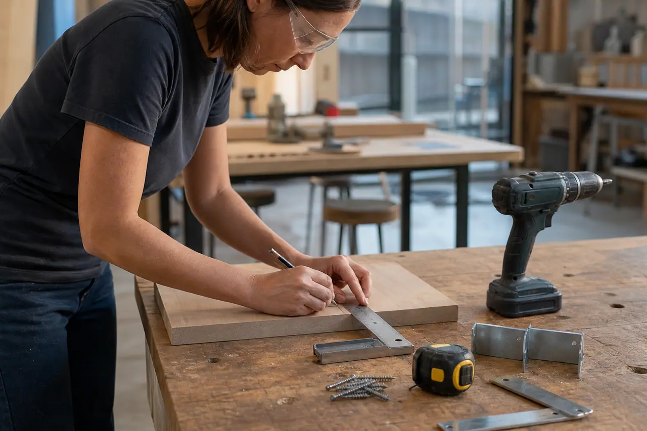 Débutant équipé mesurant une tablette en bois sur un établi d’atelier.