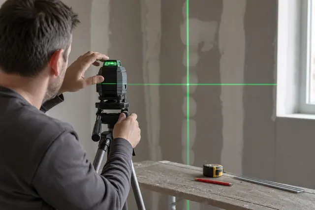 Niveau laser vert sur trépied alignant un mur de plaques de plâtre.