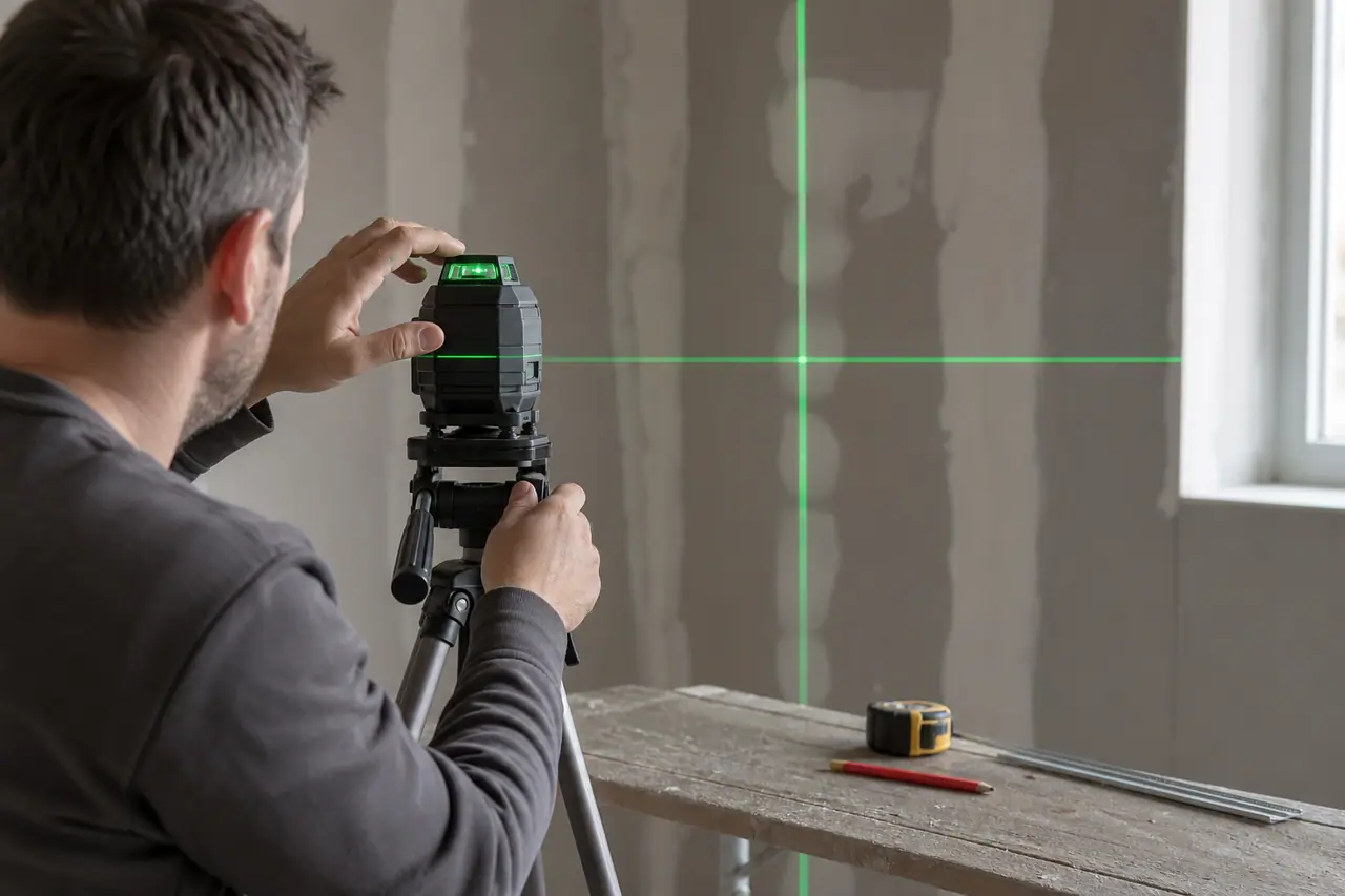 Niveau laser vert sur trépied alignant un mur de plaques de plâtre.