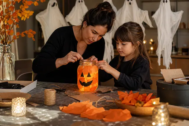 Adulte et enfant fabriquant une lanterne citrouille en papier avec éclairage LED.