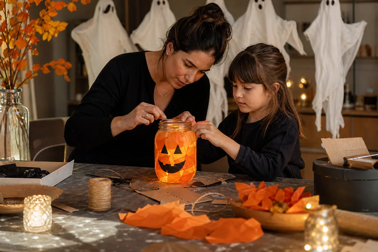 Adulte et enfant fabriquant une lanterne citrouille en papier avec éclairage LED.
