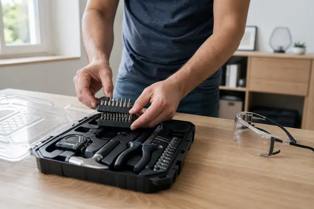 Coffret d’outils ouvert avec pinces, embouts et marteau sur établi domestique.