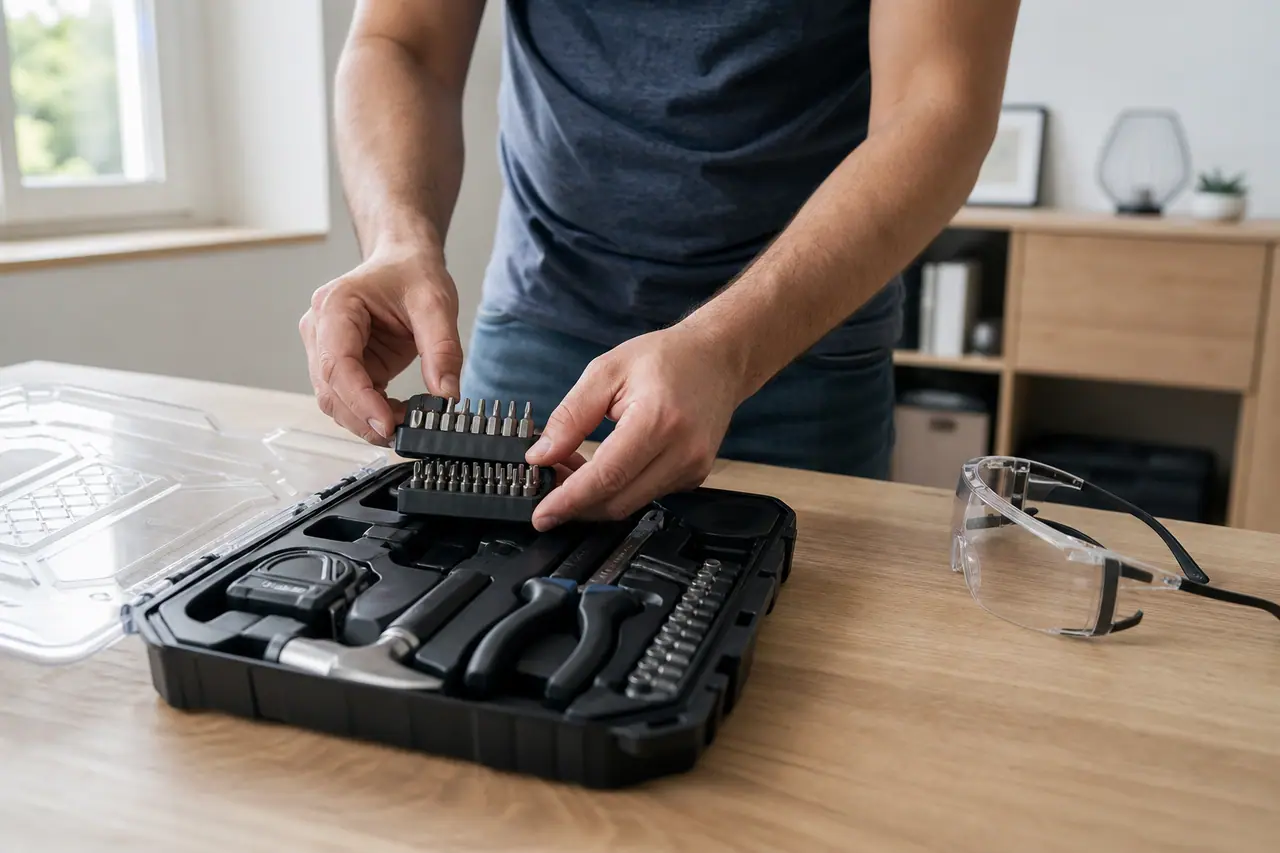 Coffret d’outils ouvert avec pinces, embouts et marteau sur établi domestique.