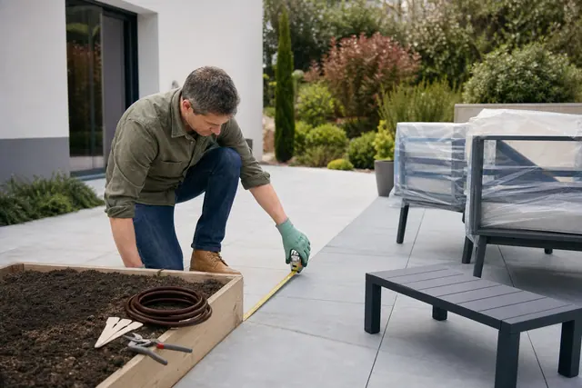 Mesure d’une terrasse avant installation de mobilier et bacs potagers.