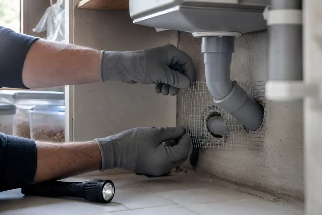Colmatage métallique autour d’un tuyau pour empêcher l’entrée des souris.