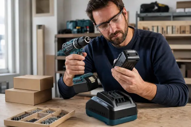 Bricoleur vérifiant une perceuse sans fil, une batterie et un chargeur sur établi
