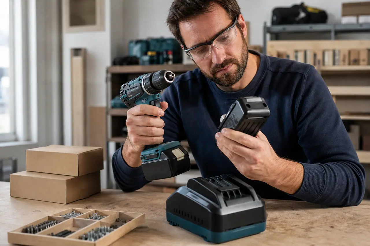 Bricoleur vérifiant une perceuse sans fil, une batterie et un chargeur sur établi