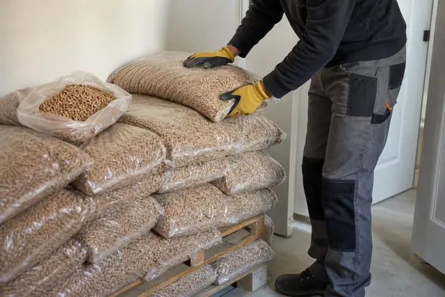 Sacs de granulés rangés sur palette dans un cellier sec et ventilé.