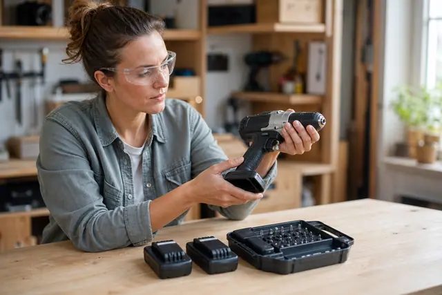 Bricoleuse comparant une perceuse sans fil et ses batteries sur un établi.