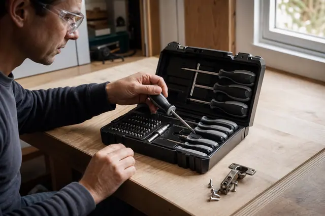 Coffret de tournevis variés sélectionnés sur un établi en bois clair.