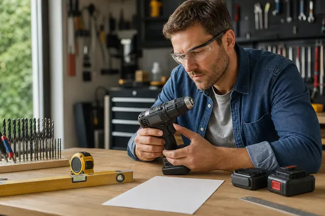 Bricoleur contrôlant une perceuse sans fil et ses accessoires sur un établi