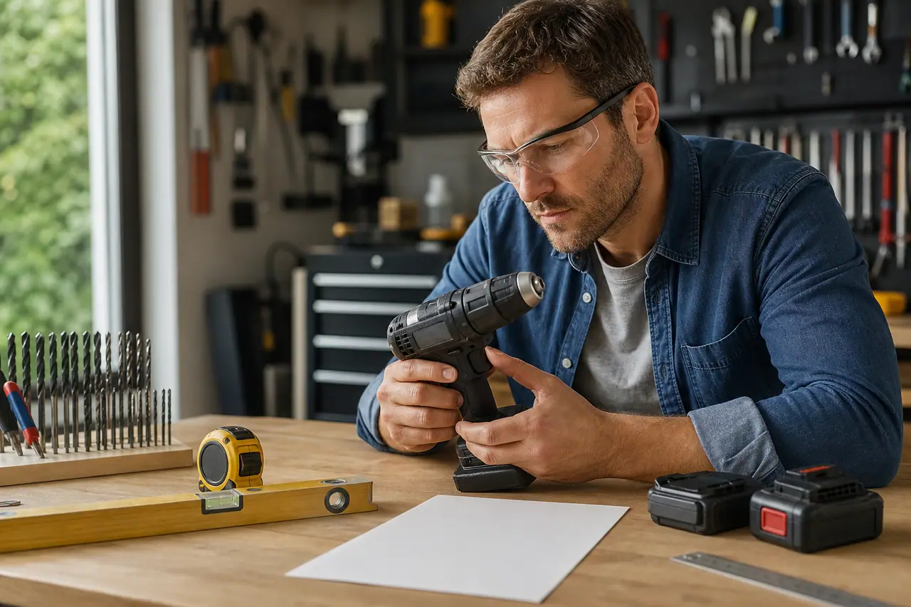 Bricoleur contrôlant une perceuse sans fil et ses accessoires sur un établi