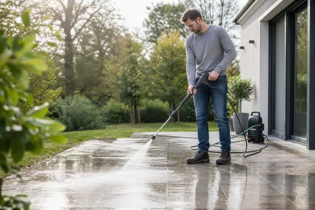 Particulier nettoyant prudemment une terrasse en dalles avec un jet éventail