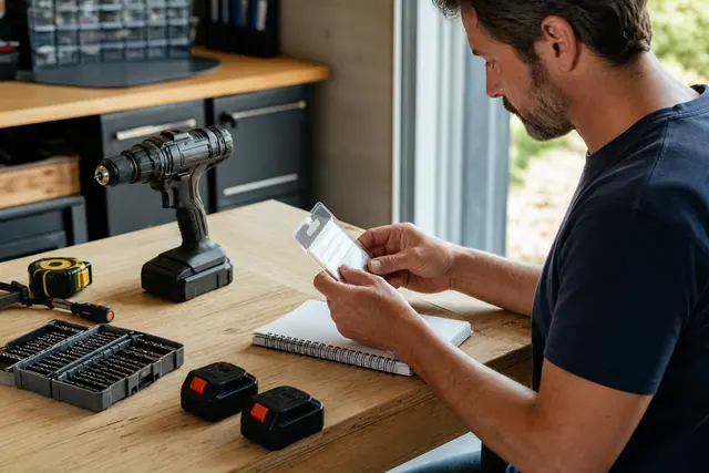 Particulier comparant une perceuse, des batteries et une liste d’achats dans son atelier.