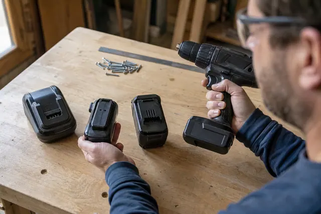 Batteries d’outils sans fil et chargeur posés sur un établi d’atelier.