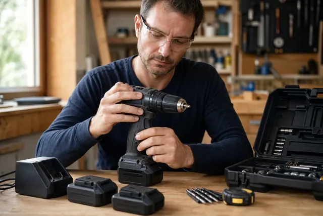 Bricoleur inspectant une perceuse sans fil et ses batteries sur un établi.
