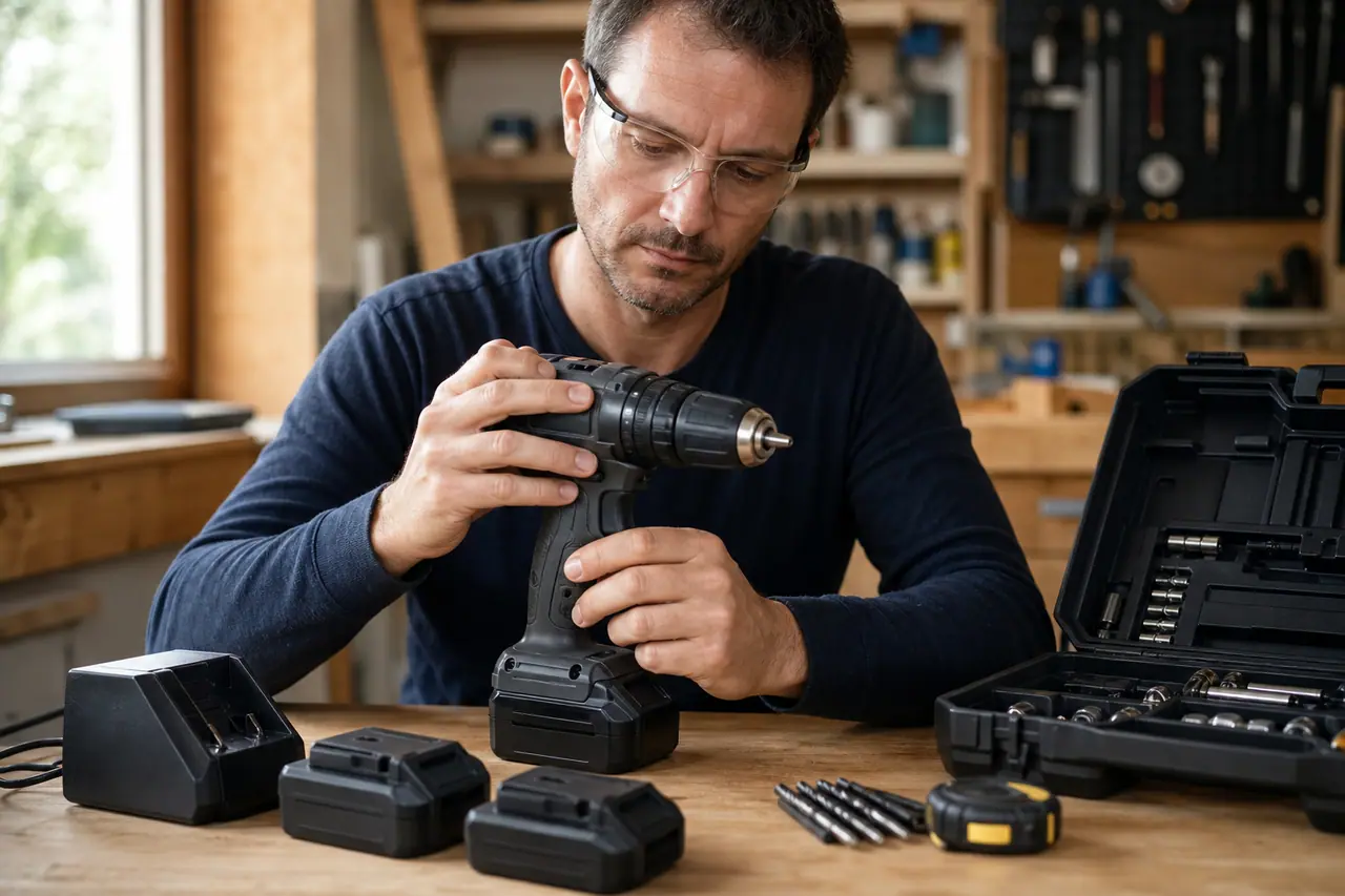 Bricoleur inspectant une perceuse sans fil et ses batteries sur un établi.