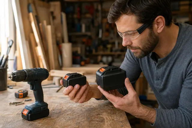 Bricoleur comparant deux batteries d’outillage sur un établi en bois.