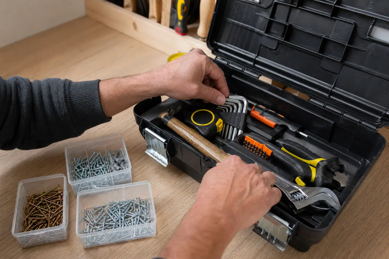 Caisse à outils débutant organisée avec mètre, niveau, tournevis, marteau et pinces.