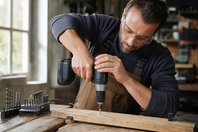 Bricoleur réglant une perceuse-visseuse sans fil avant de percer une planche