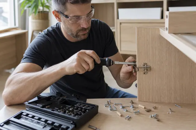 Bricoleur utilisant un tournevis à cliquet pour monter une charnière de meuble.