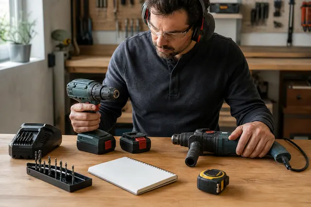 Bricoleur comparant outils sans fil, batteries et machine filaire sur un établi.