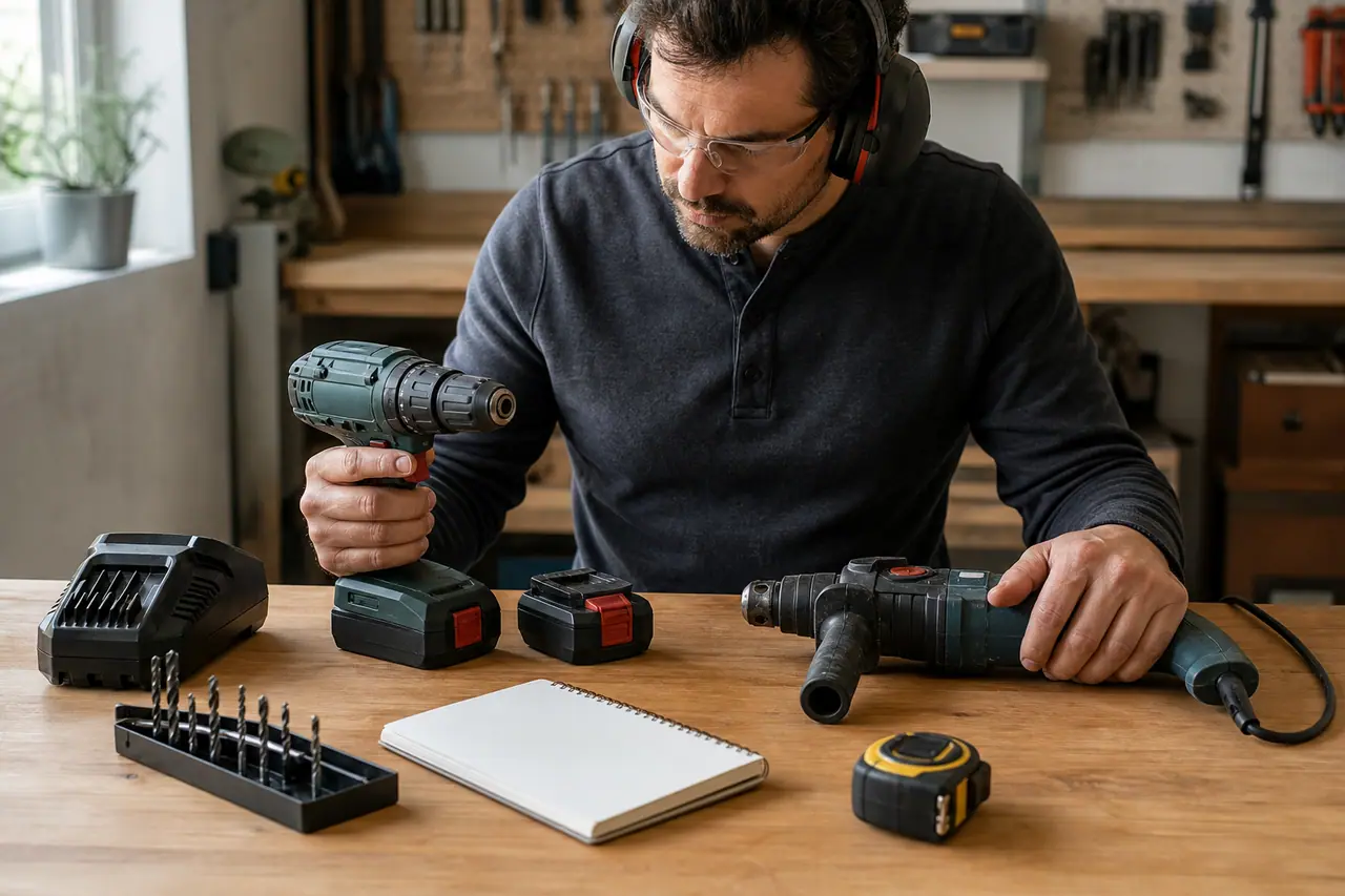 Bricoleur comparant outils sans fil, batteries et machine filaire sur un établi.