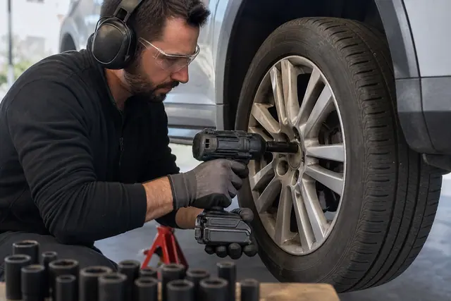 Bricoleur équipé utilisant une clé à chocs sur une roue soutenue par chandelle.