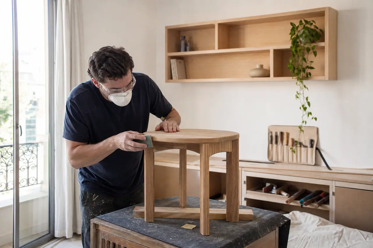 Personne ponçant une table d’appoint en bois dans un salon lumineux.