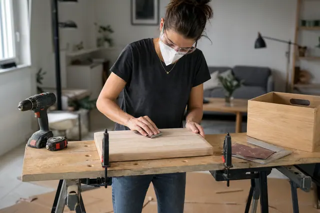 Bricoleuse ponçant un plateau en bois dans un salon lumineux