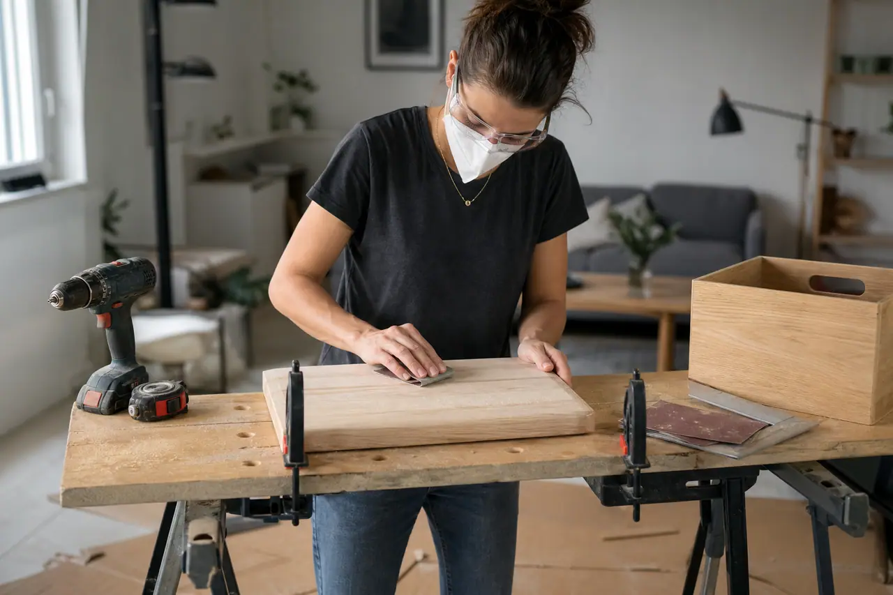 Bricoleuse ponçant un plateau en bois dans un salon lumineux