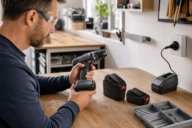 Perceuse-visseuse et trois batteries organisées sur un établi domestique.