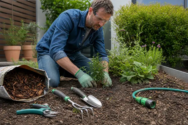 Outils manuels, tuyau et paillage disposés près d’un massif de jardin.