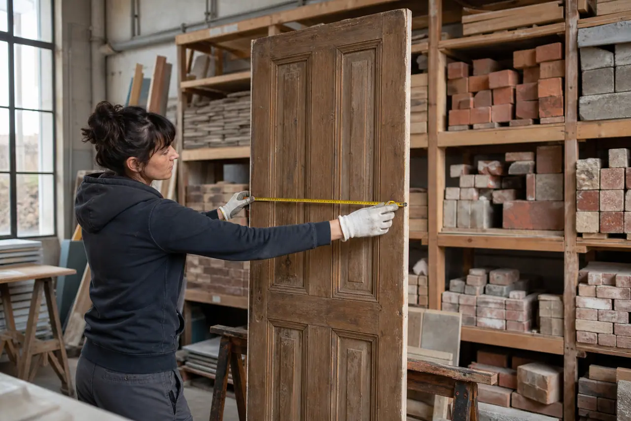 Bricoleuse mesurant une porte d’occasion dans une ressourcerie de matériaux.